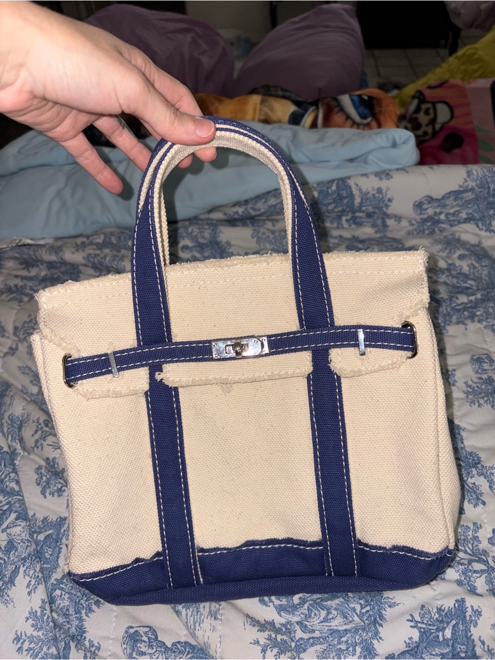 Canvas Tote Bag with Navy Trim - Neutral/Navy